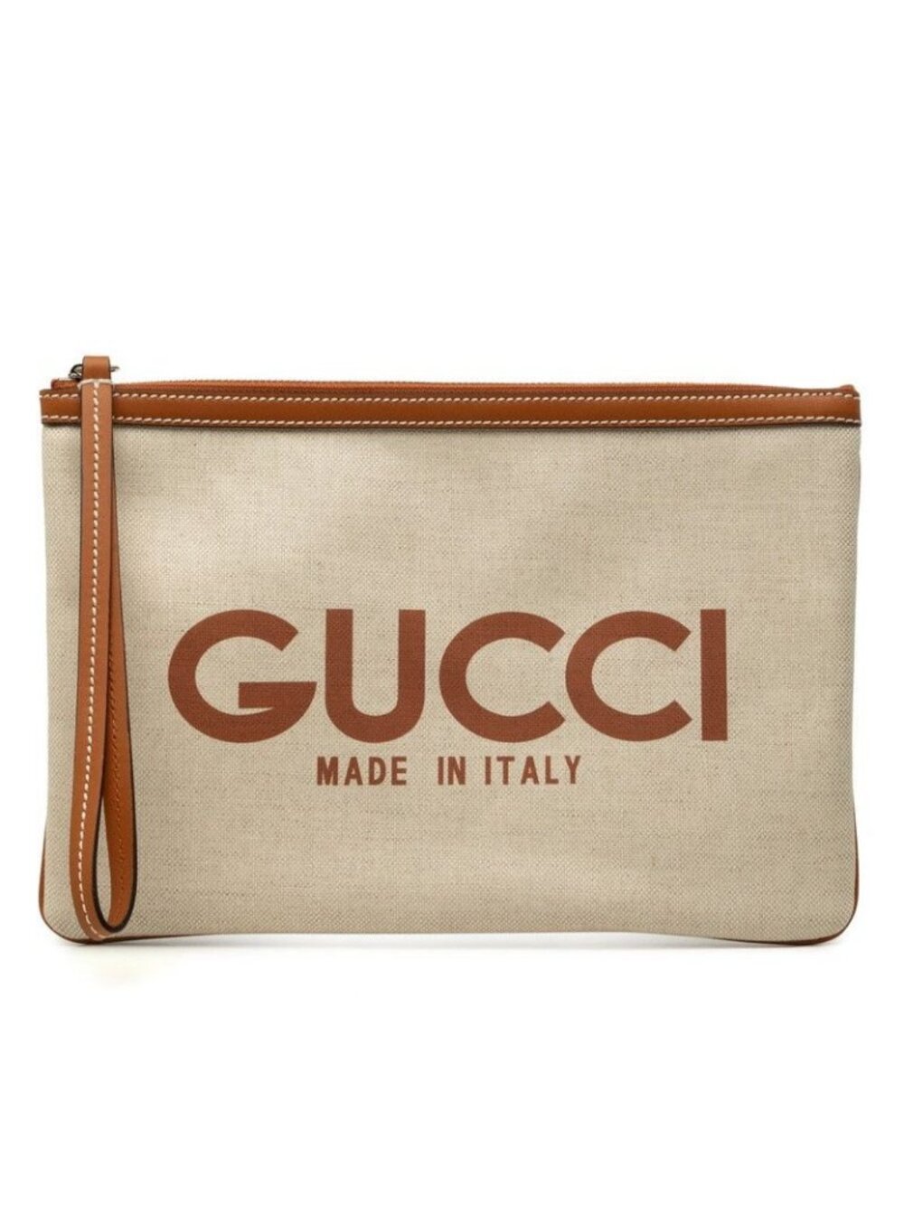 Gucci GG Supreme Logo Print Clutch Pouch Beige Brown Canvas Leather